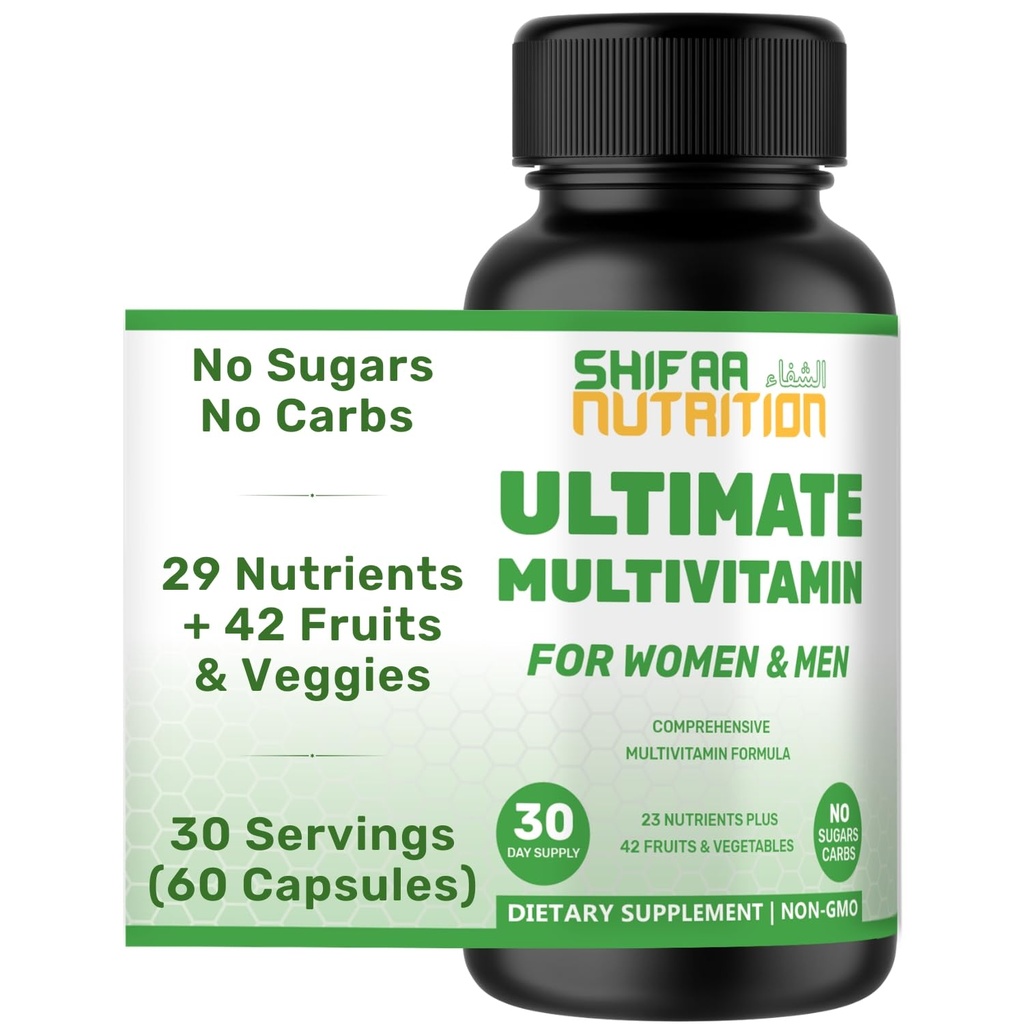 ŠIFAA UZTURA Halal Multivitamīni sievietēm, vīriešiem un pieaugušajiem, 30 Kalcijs, Folijskābe, CoQ10, Halal Vitamīni