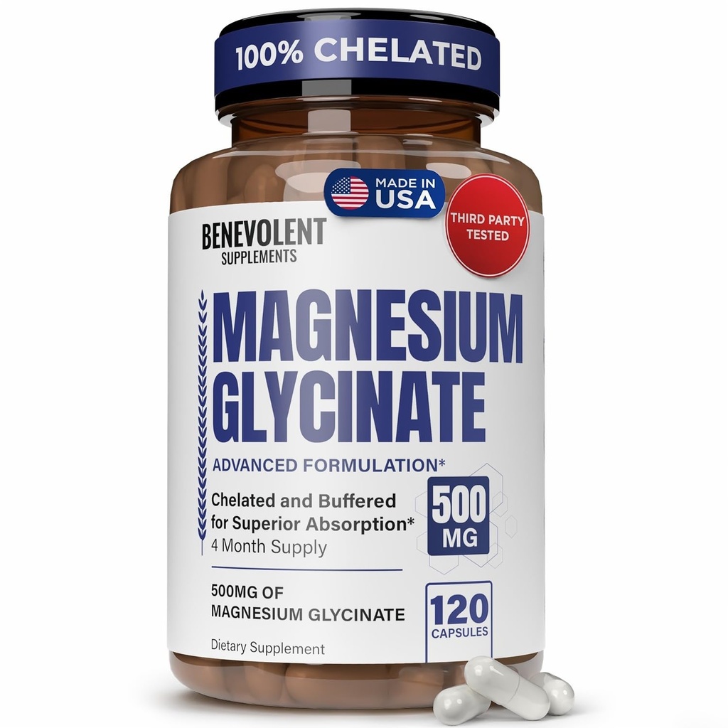 Magnija glicināts 500mg - Helēta un buferēta augsta absorbcija Magnija papildinājums, lai atbalstītu stresa atvieglošanu, Gremošanu, kaulu, miega, nervu un muskuļu veselība - Ražots ASV - 120 Vegan kapsulas