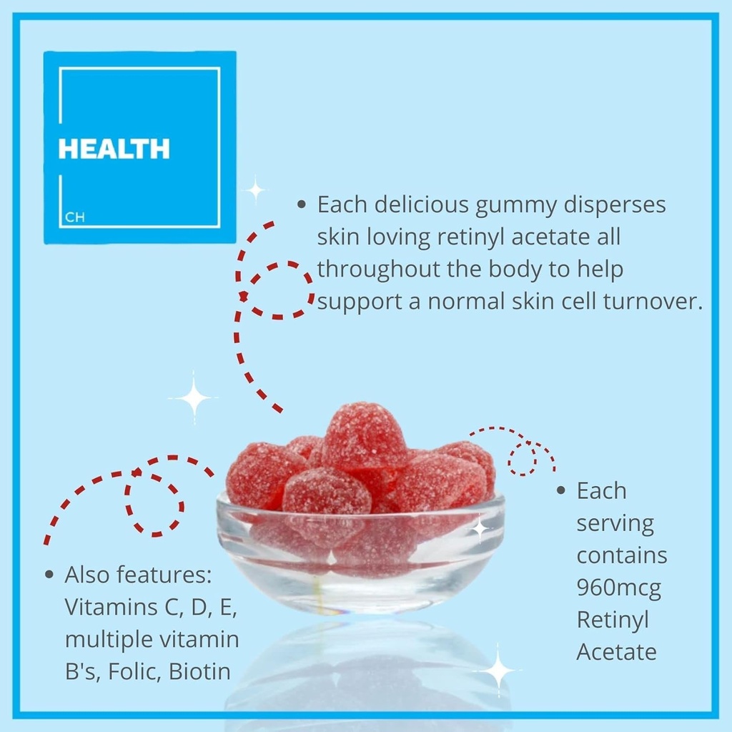 Konsultējieties ar veselību Regenerol - Multivitamīnu Retinol Gummy - Anti-Aging vitamīnu papildinājums - Glowing, Youthful & Clear Ādas Strong Matu un nagus - vitamīns B6, B12, C,D3, Folijskābe, Cinks - 60 Gumijas