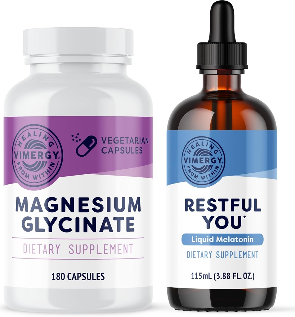 Vimergy magnija glicinate (180 kapsulas) un Vimergy Restful You* Šķidrais melatonīns (115 ml) - Bandle