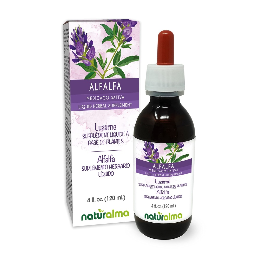 Naturalma Alfalfa jeb lucerna (Medicago Sativa) augs ar ziediem Tinktūra bez alkohola - bagāta ar dabas hlorofilu - 4 fl oz Šķidrais ekstrakts pilienos - Augu Papildinājums - Vegan