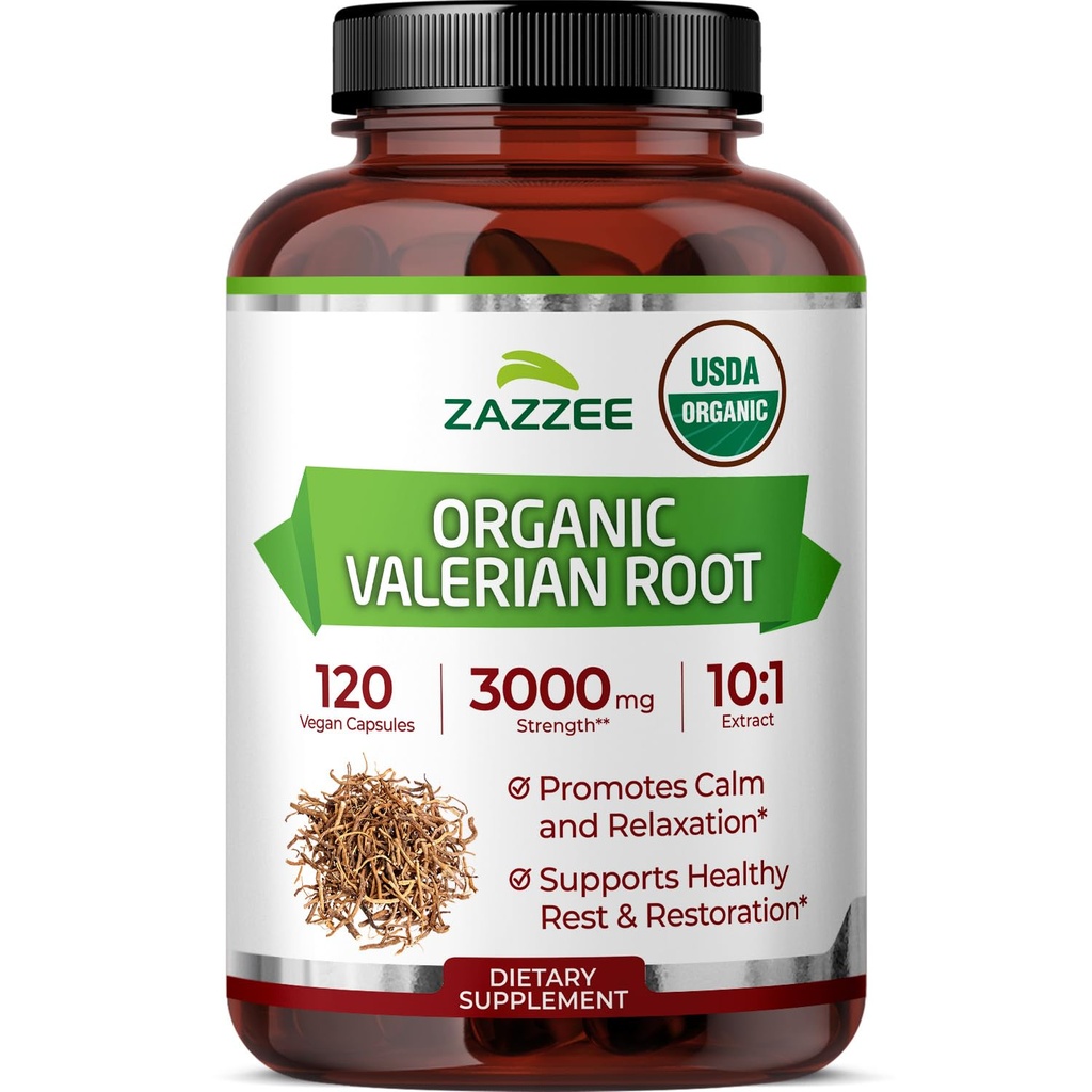 Zazee USDA Organic Valerian Root 10:1 ekstrakts, 3000 mg Stiprums, 120 Vegan kapsulas, 4 Mēnešu Apgāds, Valeriana officinalis, 10X potence, 100% Veģetārietis, All-Natural, Non-GMO, Ražots ASV