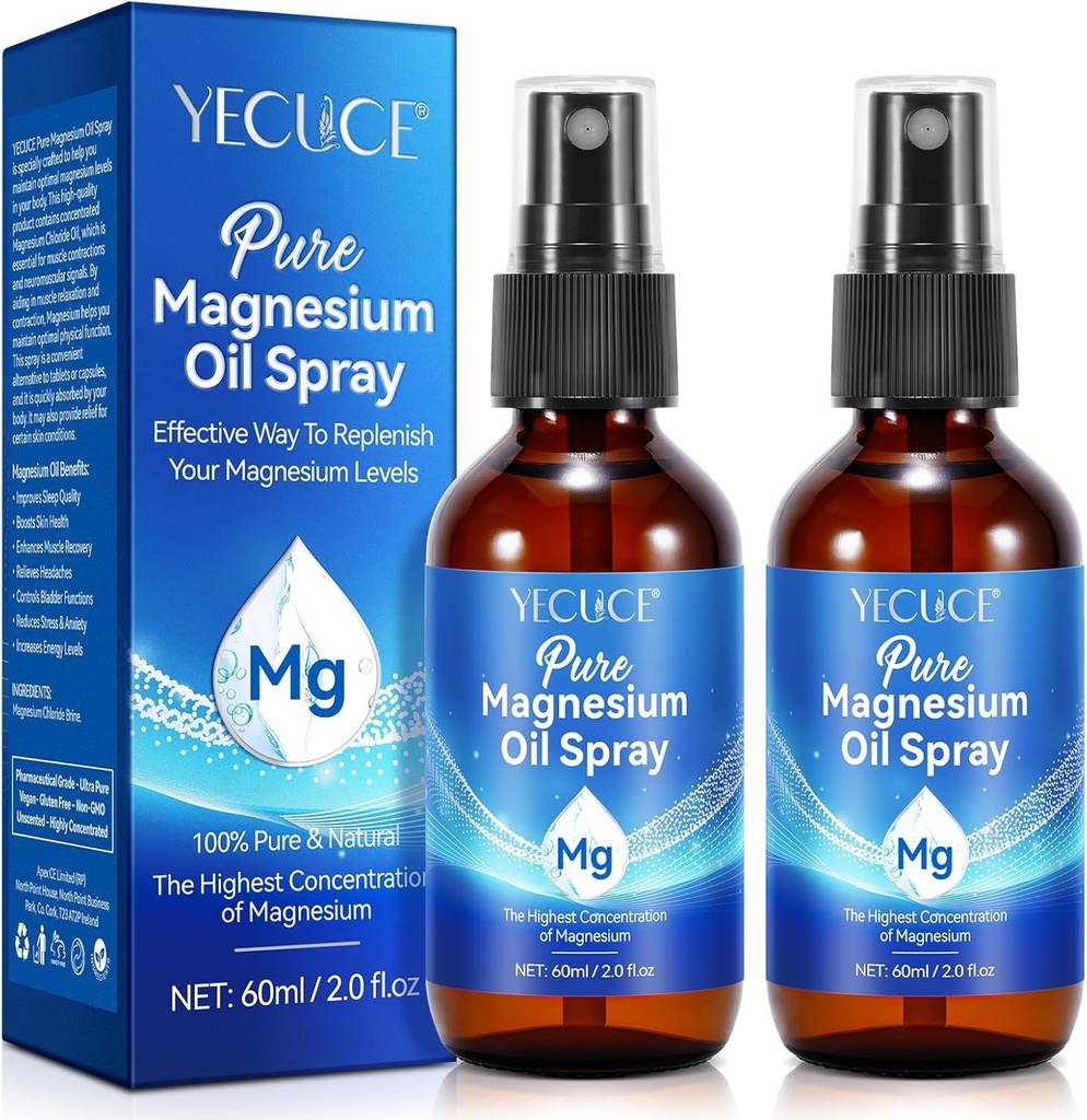 2Iepakojums Pure Magnija eļļa Spray, 100% Dabas magnija Spray - Organisks magnija ķermeņa Spray - Aktuāls magnija Spray stikla pudelē, magnija eļļa kājās, uzlabo muskuļu reģenerācija - 4 Fl.Oz