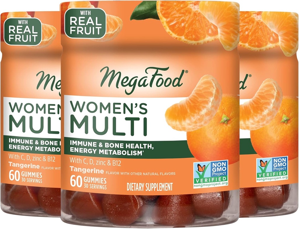 MegaFood Women's Multi - Multivitamīni sievietēm - Gummy Vitamīni- C vitamīns, D vitamīns, cinks, vitamīns B12 & holīna- Imūnsupport & Kaulu veselība- Veģetārietis- Tangerine- 60 Gumijas(30 Servējumi) 3 iepakojums
