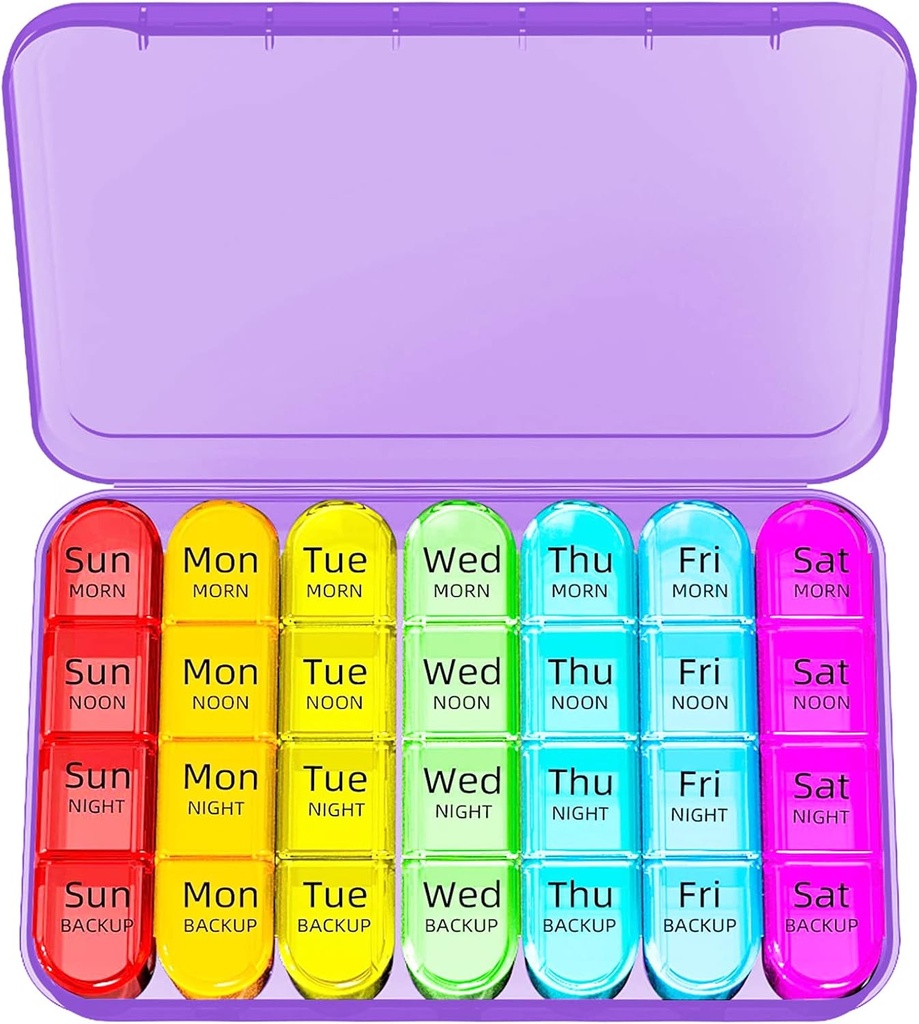 Odaro Weekly Pill organizētājs 4 reizes dienā, Daily Pill Box 7 diena, liels ceļojumu Pill Case ar 28 iecirknis, lai turētu zāles, vitamīnu un uztura bagātinātāju - Purple Case