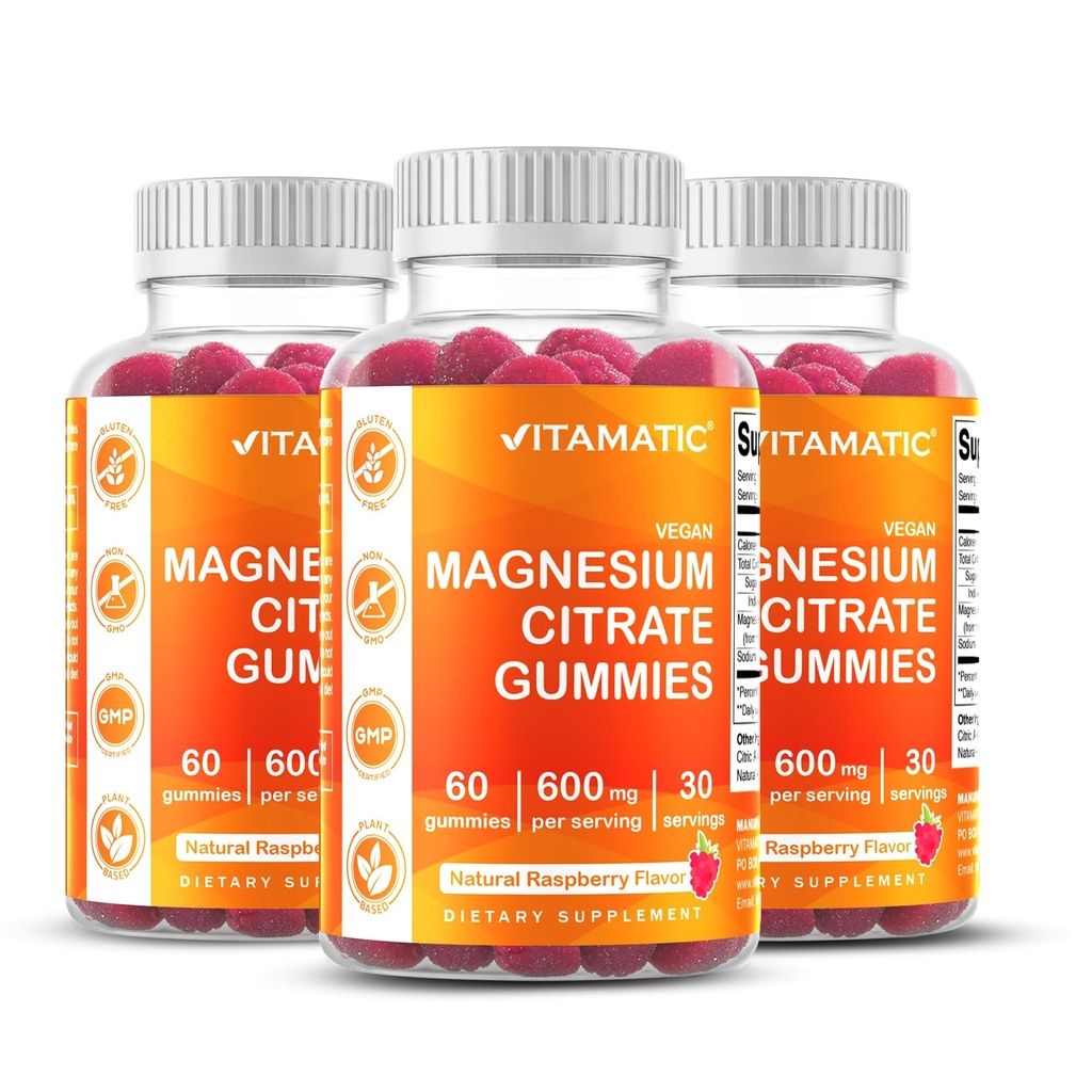 Vitamatic magnija Gumijas 600mg uz vienu Kalpotāju – 60 Vegan Gumijas – Relaksācija, Muskuļi, Kaulu un Enerģijas Atbalsts – 3 Iepakojums