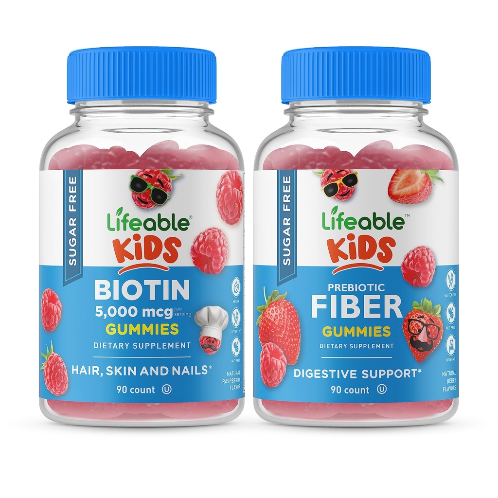 Dzīvot bez cukura Biotīna Kids + Preciotic Fiber Kids, Gumijas Bundle - Great Tasting, Vitamīnu Papildinājums, Bez lipekļa, Bez ĢMO, Košļājamā gumija