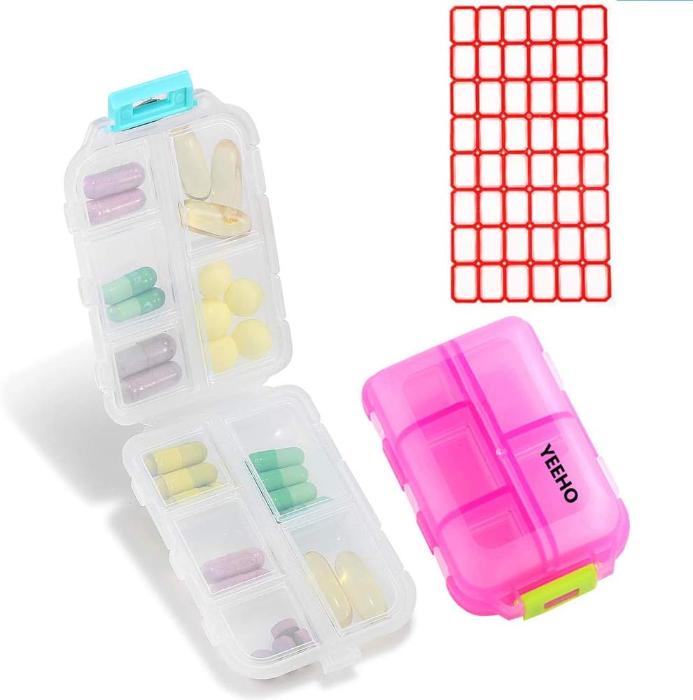 Tabletes kaste (2 Iepakojums) - Pārnēsājami mazie papildinājumi Tabletes Konteiners Kaste ar 10 Iedalījumiem - Medicīna Kapsulas Vitamīna organizētājs Dispenser turētājs Uzglabāšana Ceļojuma kabatiņa Purse(Pink+White)