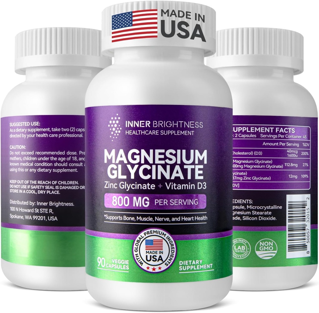 Magnija glicināts - magnija papildinājums ar cinku un vitamīnu D3 imūnai, kaulu un muskuļu atbalstam un sirds veselībai - bez GMO, bez lipekļa, maiga uz kuņģa - 90 veģetārās kapsulas