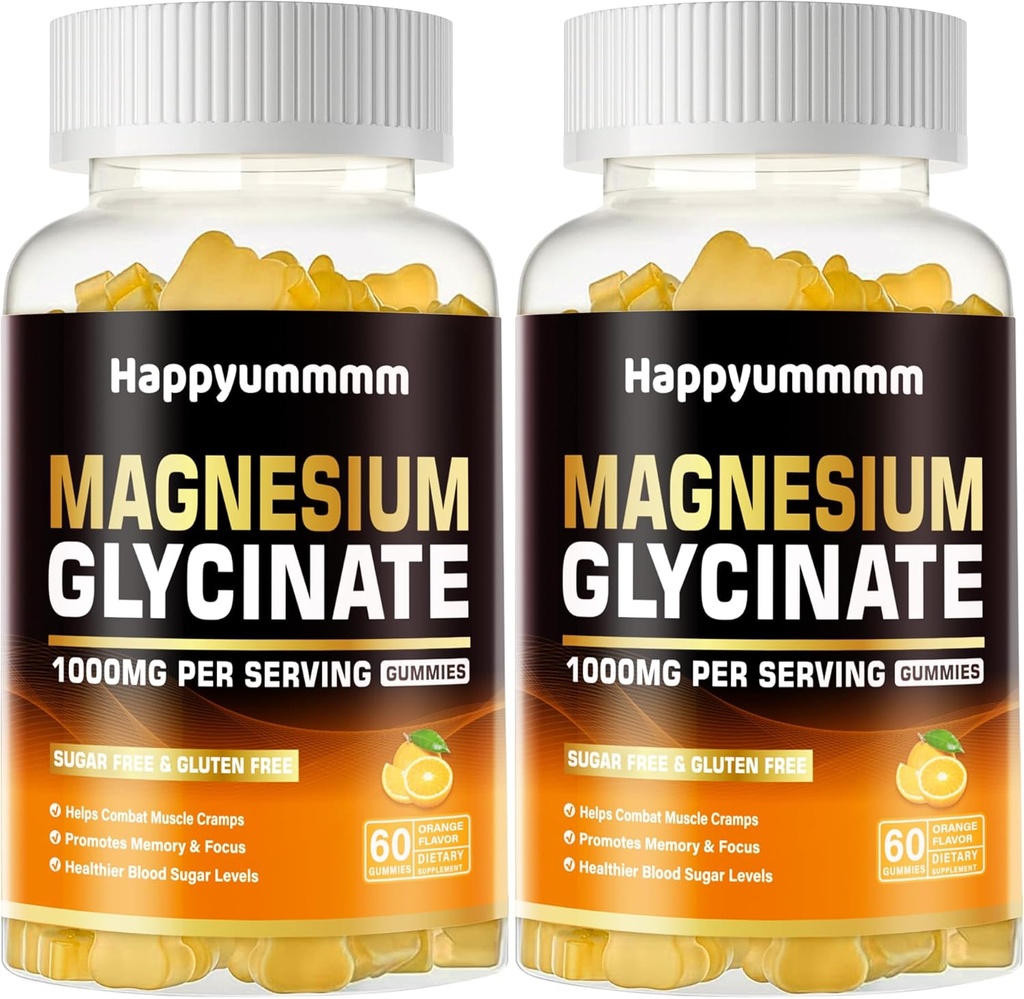 Magnija Glicināt Gumies 1000mg - bez cukura Magnija Kālija Papildinājums ar vitamīnu D, B6, CoQ10 Calm Mood & Miega atbalsts - 120 Orange Gumies.