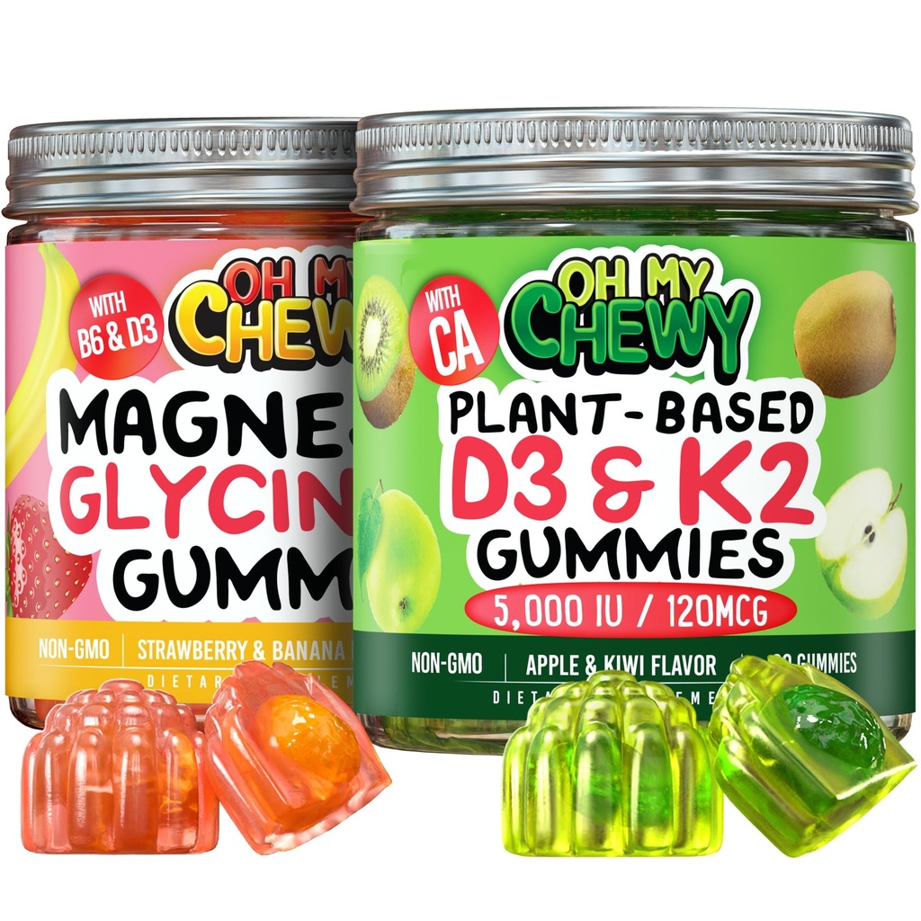 OH MY CHEWY Magnijs + D3K2 Gumijas Bundle – 2 pudeles (60 katra) – zemeņu banānu un Apple Kiwi