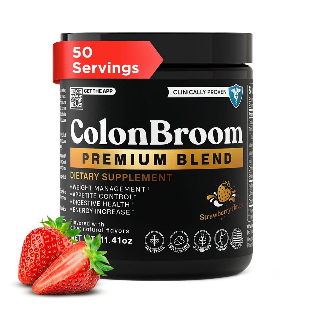 ColonBroom Premium pulvera papildinājums (Zemenes) - Colon slotu Psyllium Husk Fiber pulvera dzēriens - bez lipekļa, ne-GMO Colon tīrību uzputošanas Reljef & Gut Health, 50 Kalpojumi