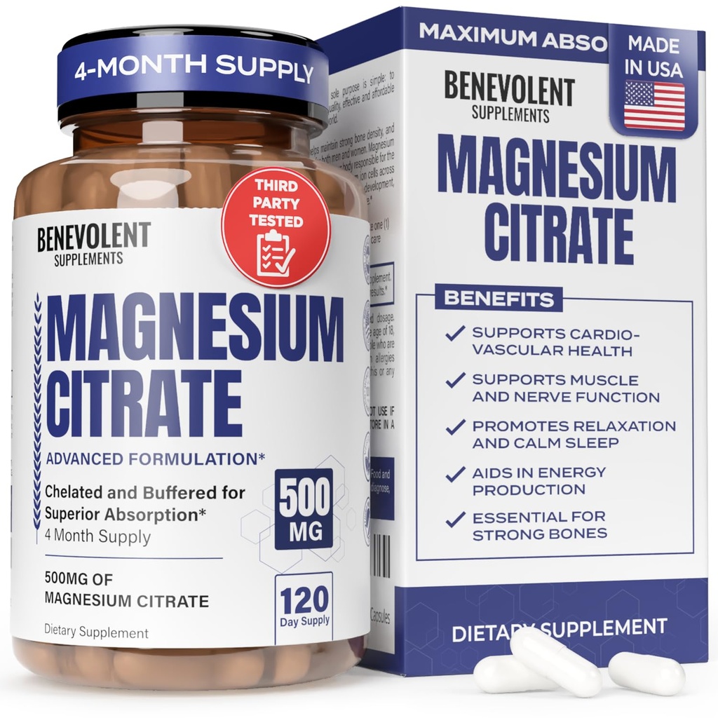 Premium magnija citrāts 500 mg kapsulas (Citrato de Magnesio) Augstas absorbcijas formula Helated Bufered Citrate to support Gremošanas, kaulu, miega un muskuļu veselība - 120 kapsulas