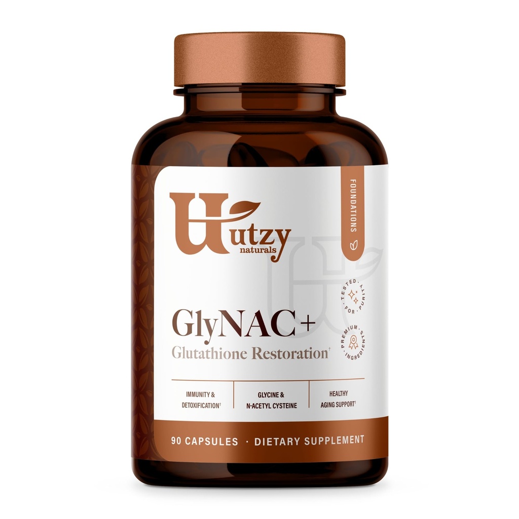 Utzy Naturals GlyNAC+ Papildinājums - 1 000mg Glicīna un NAC (N-acetilcisteīna) - ar vitamīnu B2 Kofaktors Glutationa ražošanai - 90 kapsulas