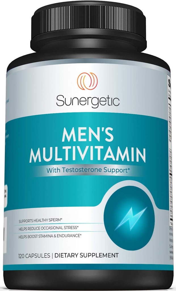 Sunergetic Premium Vīriešu atbalsta papildinājums – Jaudīgi multivitamīni– Atbalsta enerģija, izturība, izturība un stresa vadība – ar cinku, Ashwagandha, Maca, L-karnitīns un vitamīni – 120 kapsulas