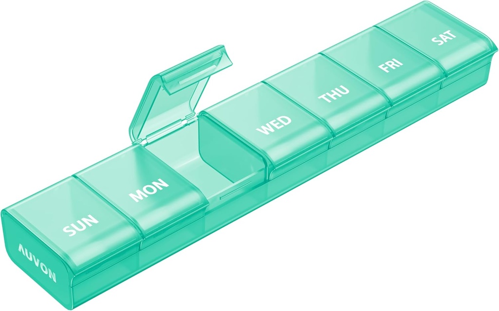 AUVON Weekly Pill Organizators ar bezcerīgu atklāšanas dizainu, Artrīts Friendly Pill Box, BPA-free Pill Organizators 7 Diena, Cute & Portable Pill Kaste vitamīniem, piedevas un zāles