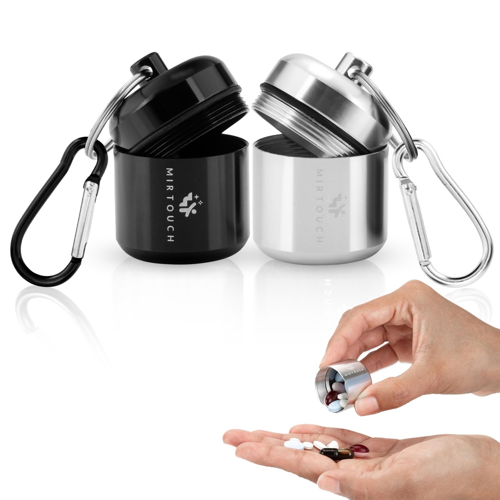 Pārnēsājams Keychain Pill Holder Case - Diskrēts ūdensnecaurlaidīgs Mini Pill Container Carrier with Strong Carabiners for Pocket Purse Travel Bags - Aluminum Alloy Pill Fob Box for Medicine Juvelier - 2 Pack