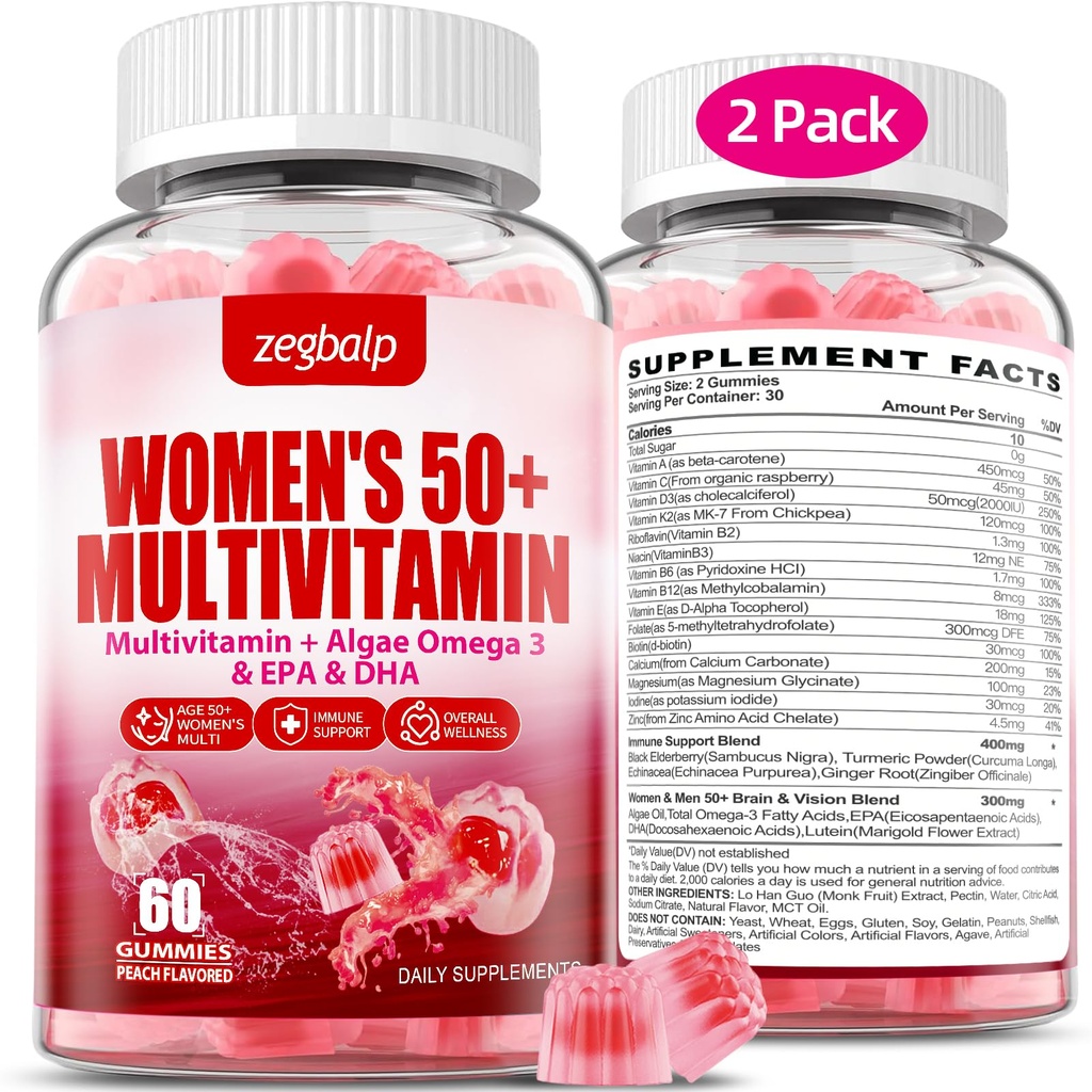 Bezcukura sievietes Multivitamīnu 50 Plus Gumijas ar kalciju, magniju, cinku, A, C, D3 vitamīns, E, K2, B komplekss, folāts, biotīns - Multi Vitamīni un minerālvielas ādai, enerģija, Imūnu atbalsts
