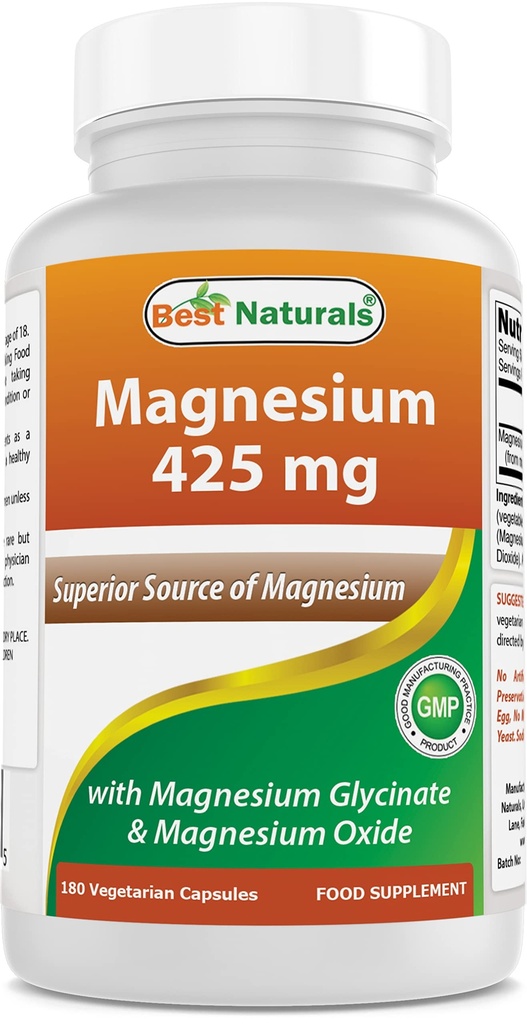 Labākie dabas Magnijs 425 mg 180 Veggie kapsulas - Augsta Absorbcija Magnija Glicināts & Magnija Oksīda Pacilāts, Ne- GMO, Bezglutēna Muskuļu Relaksācija (180 Skaits (1. iepakojumā))