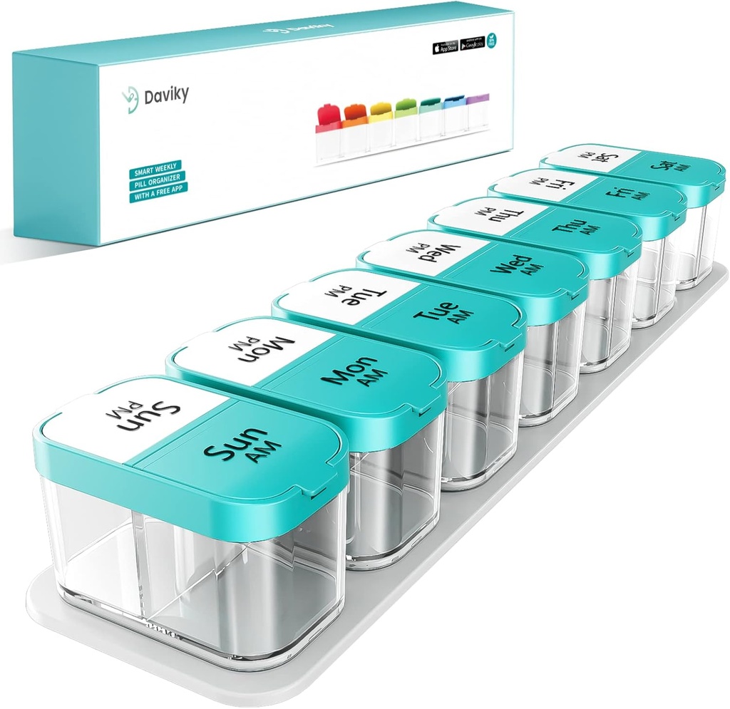 Daviky Large Weekly AM PM Pill organizators - 7 Diena, 2 Reizi dienā ar ļoti lieliem iecirkņiem vitamīniem, medicīna, papildinājumi (Cyan)
