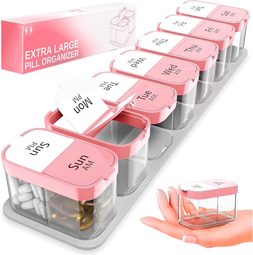 Extra Large Weekly Pill Organizators - XL Vitamīna turētājs ar 7 Atdalāmiem AM PM iedalījumiem - Portable Medicine Dispenser for Home and Travel, Big Supplement Container for Weekly or Daily Use, Pink