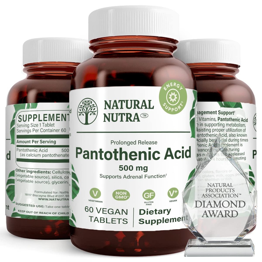 Dabas Nutra Time Release Pantothenic Acid 500 mg, Vitamīns B5 Papildinājums palīdz pārtraukt tauku un ogļhidrātus, Metabolisms un enerģija, Uzlabot muskuļu veselību, Samazināt ādas plankumus, 60 Veģetārās tabletes