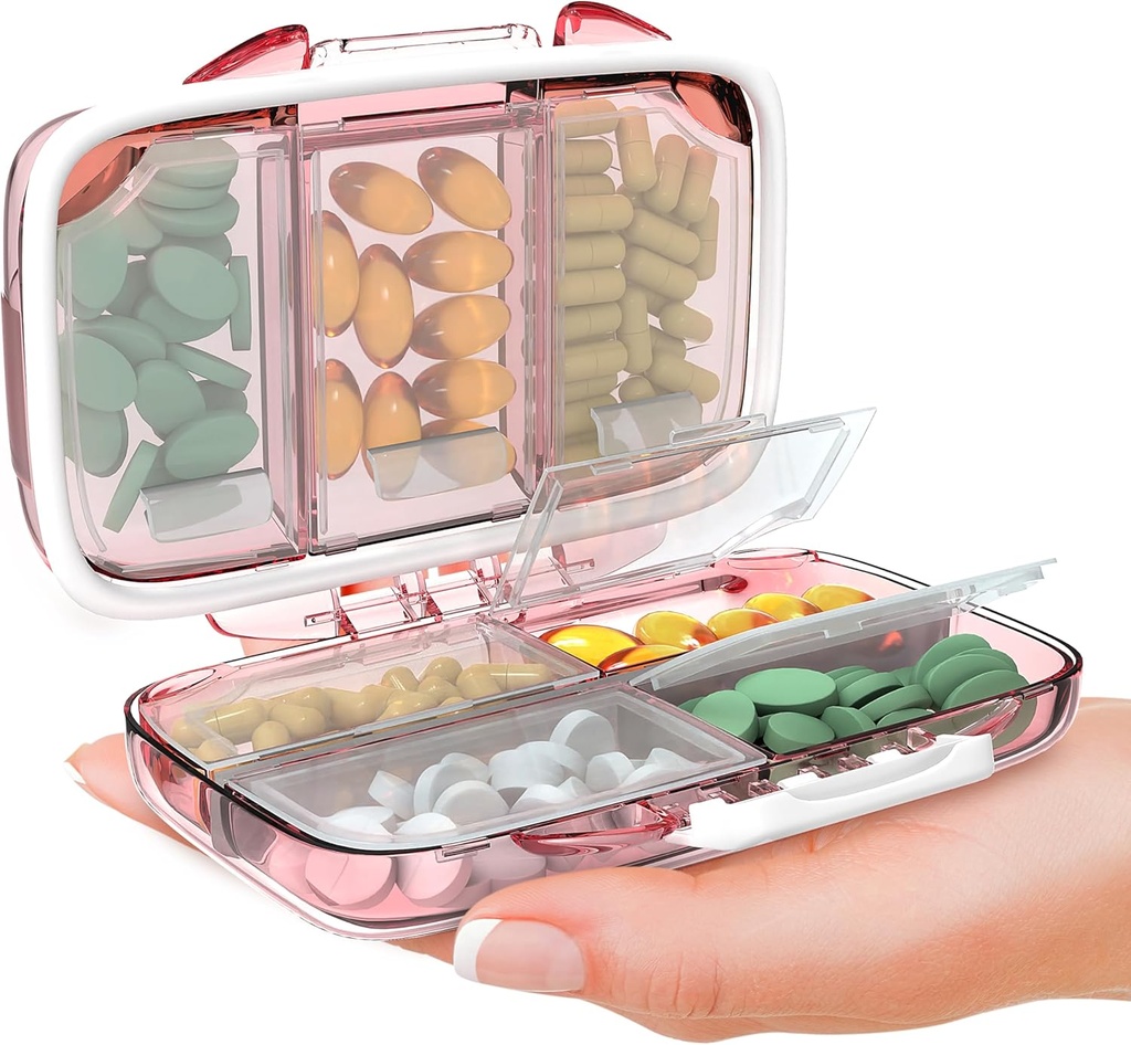 Travel Pill organizētājs - Mitruma pierādījums Portatīvais vitamīnu turētājs ar 7 iecirkņiem, Kompakts papildinājums Purse Essential Medicine Kit fot Traveling Pocket Pharmacy with Labels, Pink