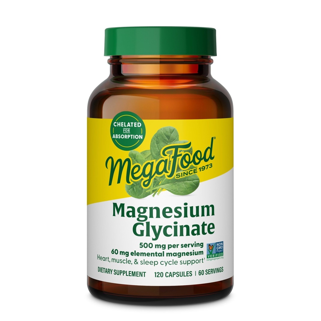 MegaFood magnija glicinate 500mg - helāts magnija papildinājums - 60mg Elementārais Magnijs - Maigs uz kuņģa - Atbalsta Normāls Miega cikls un Veselīgs Stress Response - 120 Kapsulas 60 Kalpo