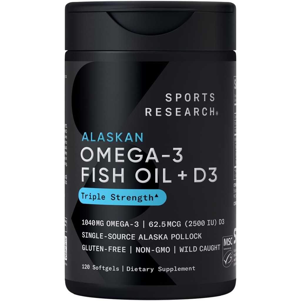 Sports Research® Aļaskas omega 3 Zivju eļļa 1040mg + D3 vitamīns 2500iu - Atbalsts smadzeņu un sirds veselība - MSC Sertificēts ilgtspējīgs · Savvaļas · Non-GMO · Trigliceride Form - 120 Count Softgels