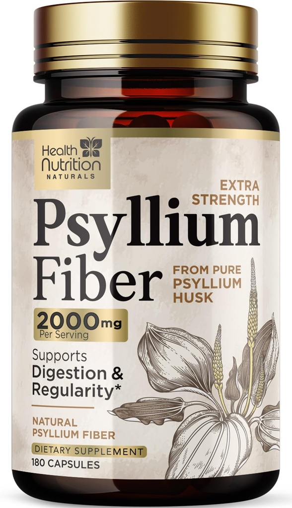 Psyllium Husk Capsules 1500 mg - Dabīgs Fiber papildinājums Tabletes, Dienas Digestion, Colon Health, & Regularity Support, Augu bāzes Psyllium Husks Pulveris Caps, Vegan, Non-GMO - 180 Veggie Kapsulas