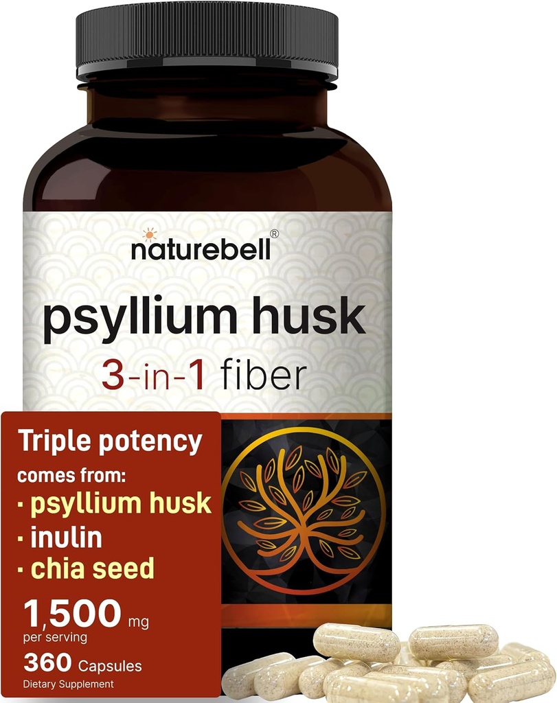NatureBell Psyllium Husk Fiber papildinājums, 1500mg Per Servējot, 360 kapsulas, ar inulīnu un čia sēklām, 