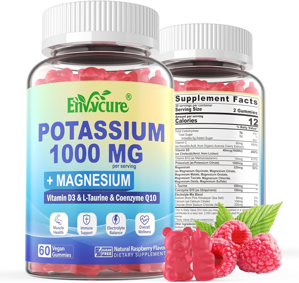 Kālija papildinājums Gumijas - 1000mg kālija citrāts ar magnija kompleksu/glicinātu/citrātu, Coq10, L-Taurīna, B12,D3-Elektrolīts, enerģija, smadzenes - kālija magnija papildinājums pieaugušajiem, 2Iepakojums