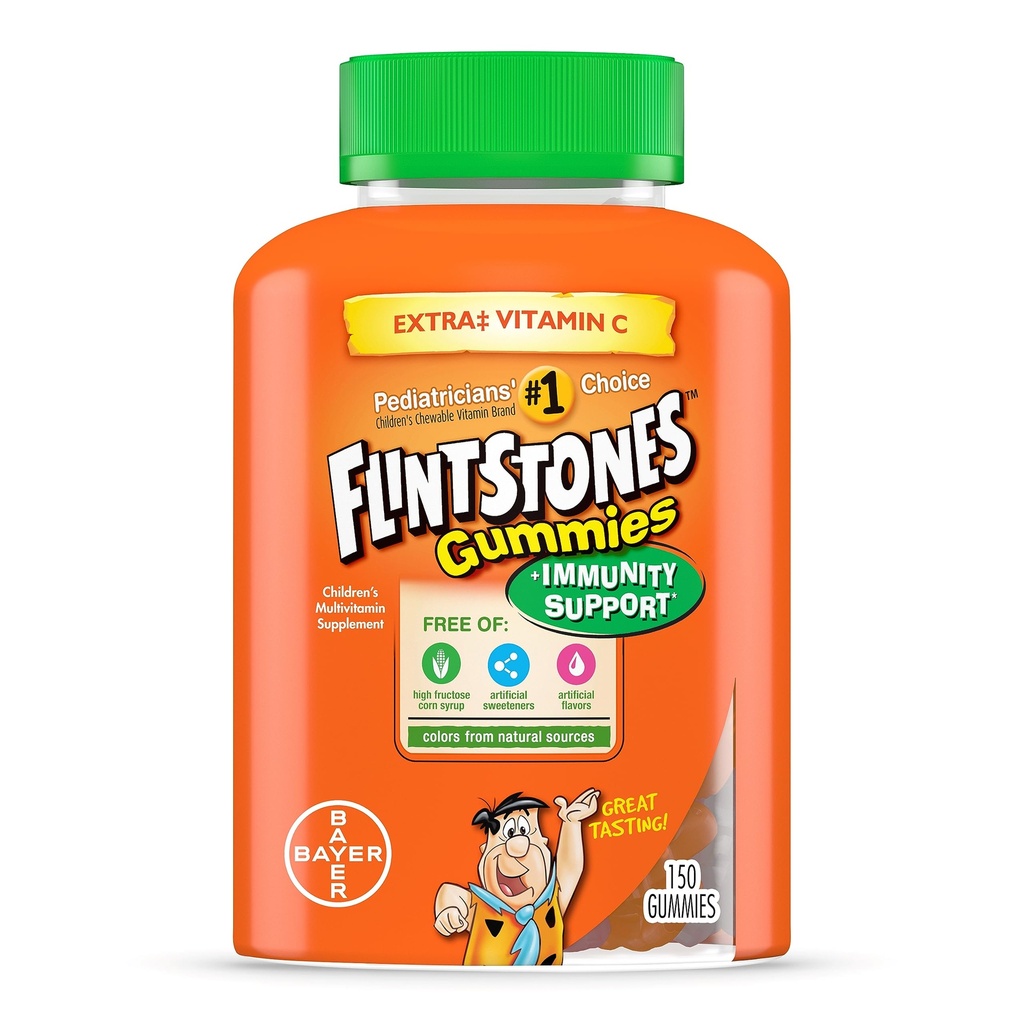 Flintstones Gummies Kids Vitamīni ar Immunity Support*, Kids un Toddler Multivitamīni ar C vitamīnu, D vitamīns, B12, Cinka & vairāk, Orange 150ct
