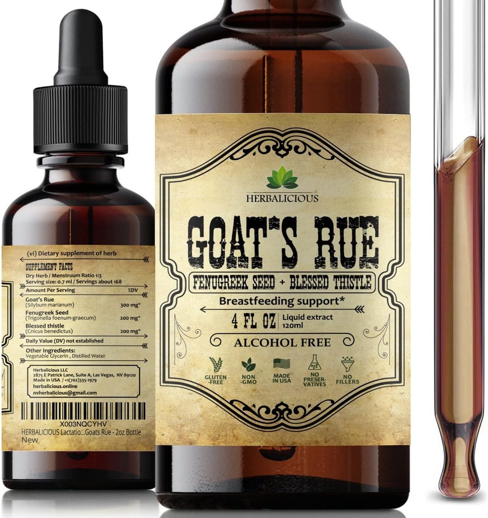 HERBALIKIOUS Kaza Rue Liquid Extract 4 fl oz - Dabīga augu pincture ar Kaza Rue, Grieķu sēklas, Vissvētākais Thistle - bez alkohola Bez GMO Zīdīšanas papildinājums palielināta krūts pienu