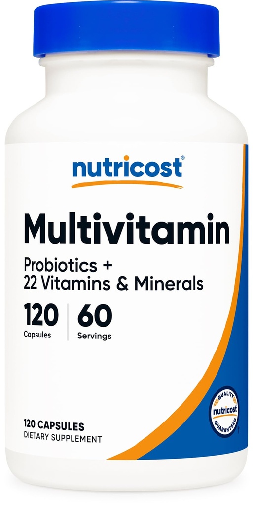 Nutricost Multivitamīnu ar probiotikām 120 Veģetārās kapsulas - iepakotas ar vitamīniem un minerālvielām
