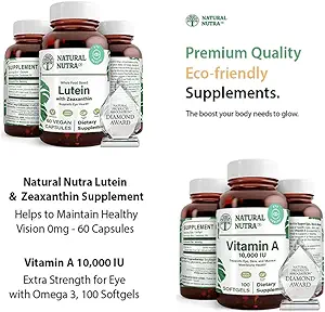 Dabiskais Nutra Luteīns un Zeaksantīna papildinājums Bez sojas, 20 mg - 60 kapsulas un vitamīns A 10 000 SV, palīdz uzturēt veselīgu redzi ar omega 3, 100 bez glutēna softgeliem