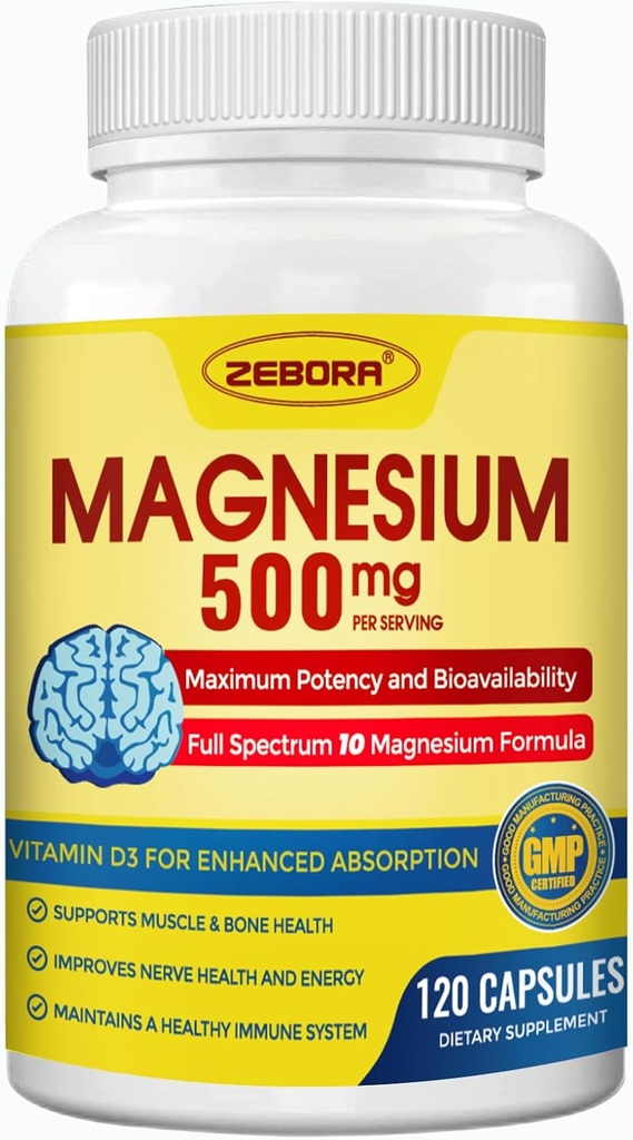Magnija kompleksa papildinājums, 500mg magnija glicināta ar citrātu un malātu, helāta forma augstai absorbcijai ar cinku un vitamīnu D3 nervu, muskuļu un kaulu balstam, 115 kapsulas