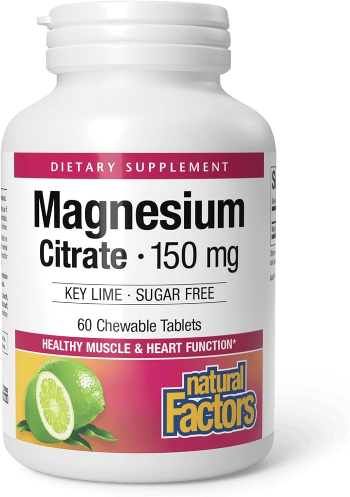Dabiskie faktori Magnija citrāts, 150 mg, košļājamās tabletes, atbalsta nervu, muskuļu un sirds funkcijas, galvenais laime, bez cukura, 60 Skaits