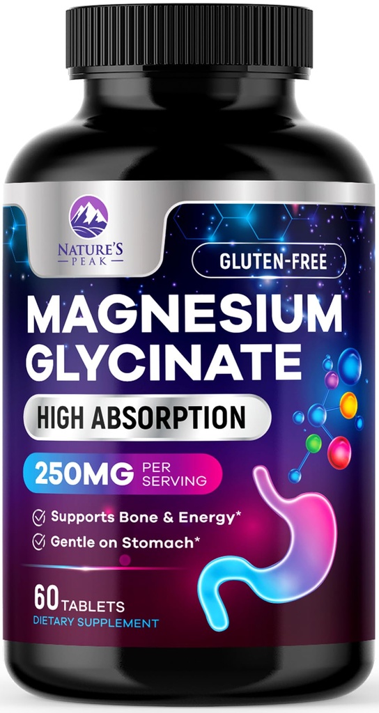 Magnija glicinate Chelated for Max Absorbcija - Atbalsta kaulu, muskuļu, nervu un sirds veselības, dabas miega un stresa atbalsts, Labākais magnija papildinājums tabletes visa ķermeņa atbalstam - 60 tabletes