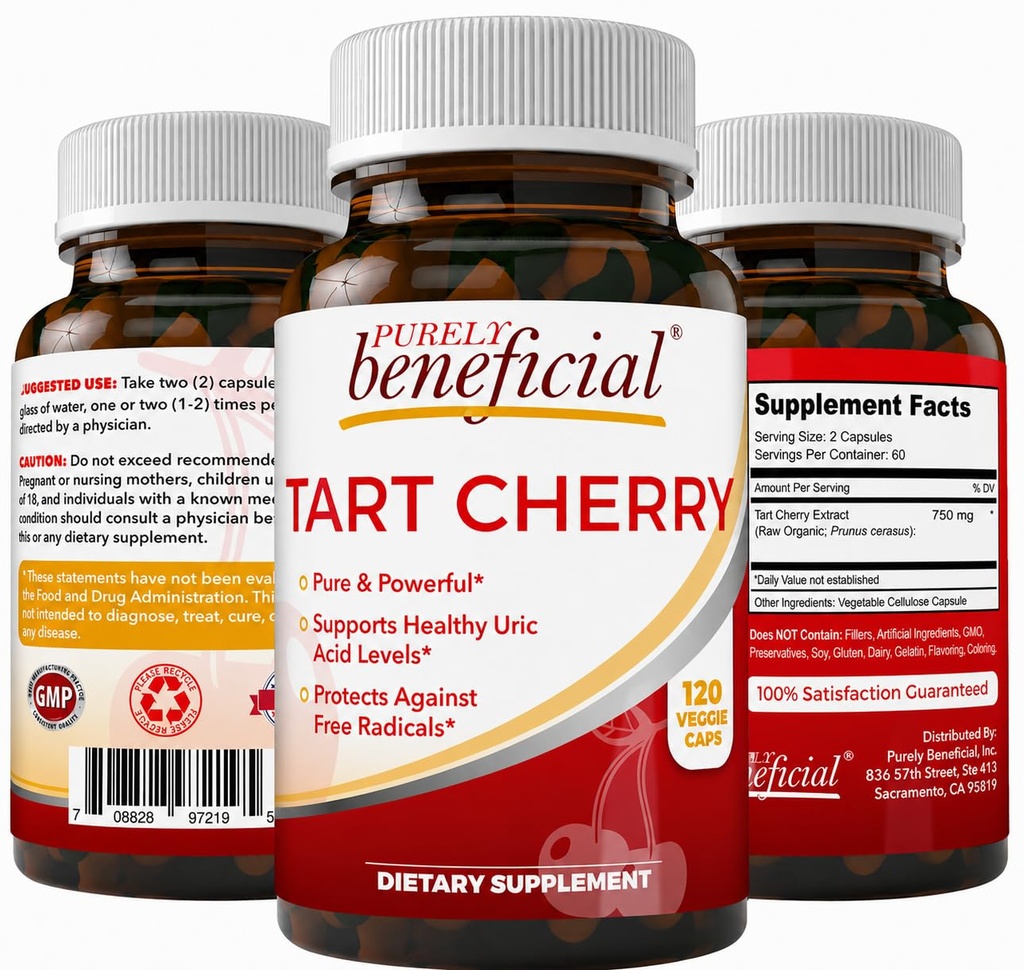 PURELY izdevīgs Tart Cherry kapsulas 6000 mg, Extra Strength Montmorency Tart Cherry Extract, Urīnskābe Pietvīkums locītavu komfortam, Antioksidants un Imūnsupports, ne-GMO, bez lipekļa, 120 Skaits