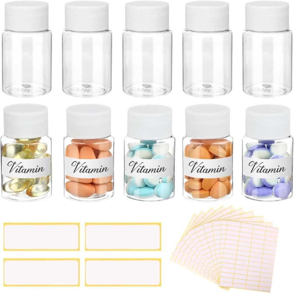 10Pcs Pill pudeles ar tukšām etiķetēm - 30ml Medicīna Konteineri ar skrūvējamiem vāciņiem - Plastmasas Tukšs mazplāksnes konteiners Noplūdes-Proof Skaidrs parauga jars šķidruma ciets nosaukums uzlīmes