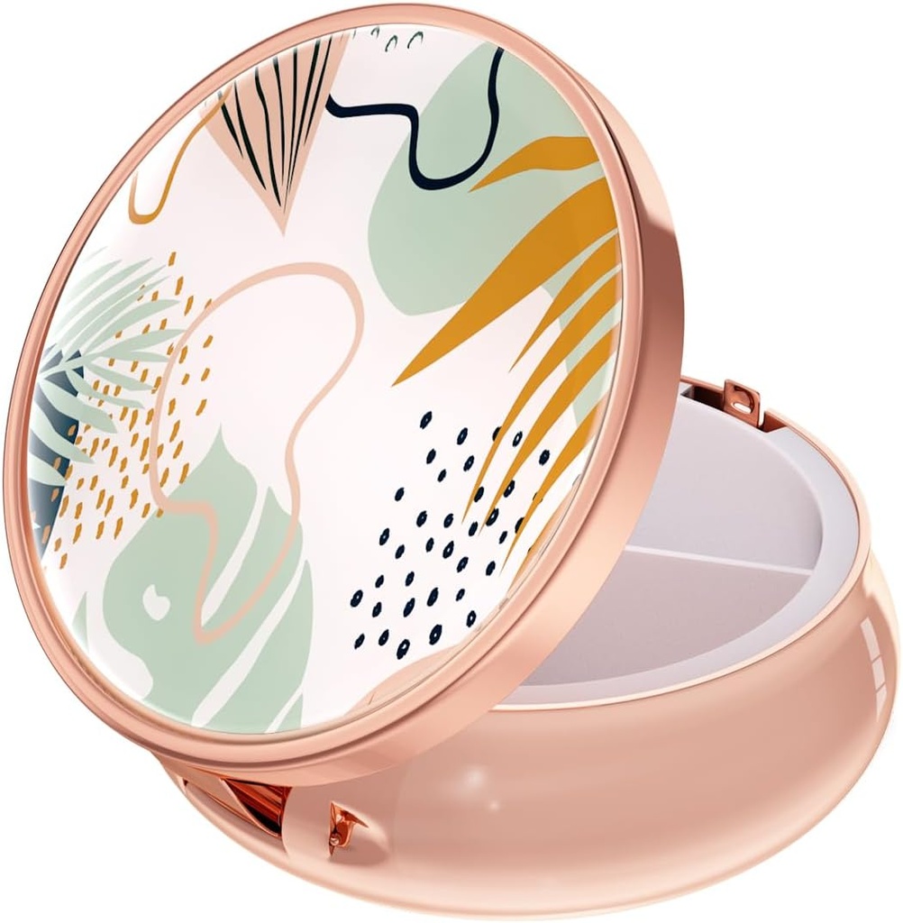 Rouidr Pill Box, 3 iecirkņa zāles Pill Case, Small Metal Travel Medicine Box Purse & Pocket, Rose Gold, Boho lapas