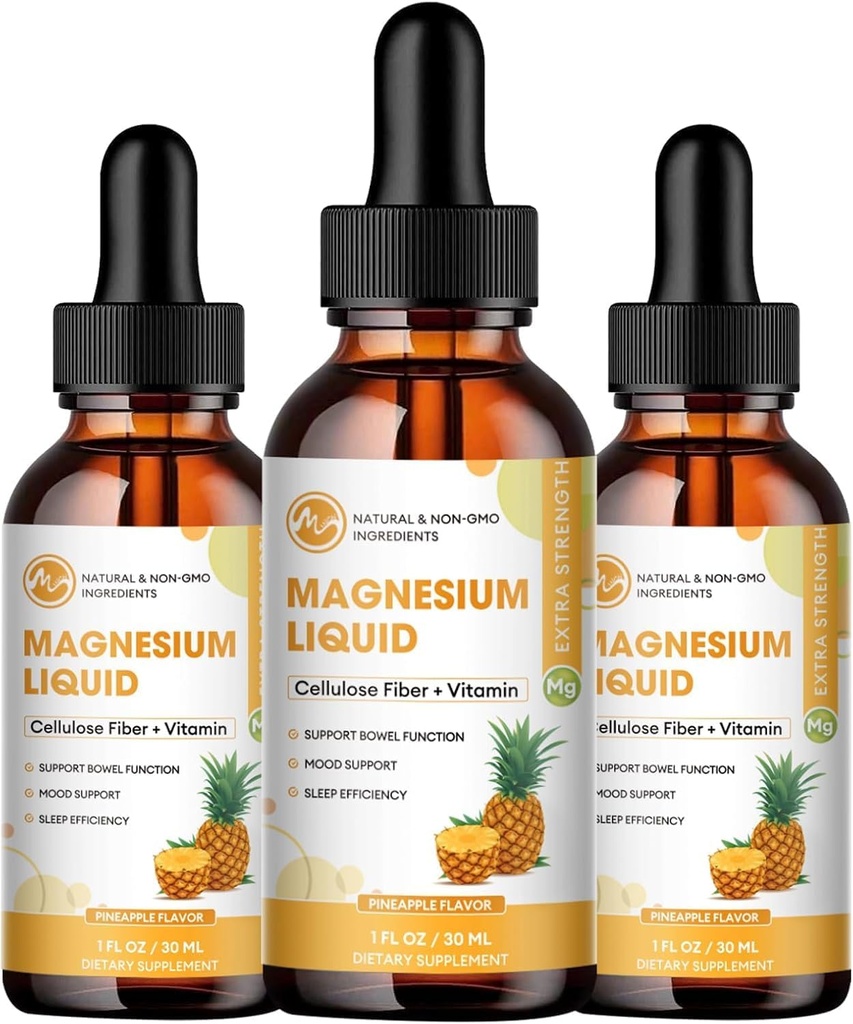 (3 Iepakojums) Magnijs Glicerīns Šķidrie pilieni, Augsta Absorbcija Magnijs Šķidrais ar Bromelaīnu, B6C D vitamīns, Magnija papildinājums bērniem un pieaugušajiem, Nakts un muskuļu atbalsts, Ananāsss Flavor