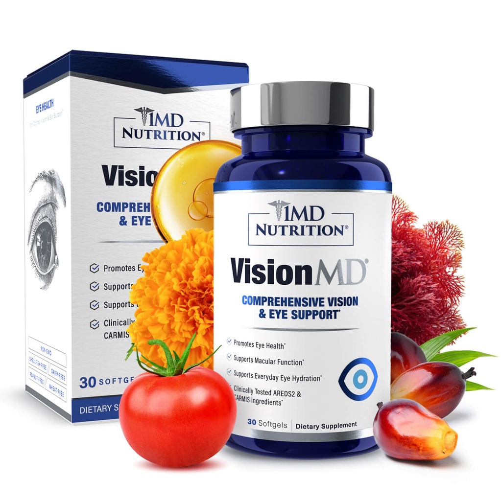 1MD Nutrition VisionMD Acu vitamīns CARMIS - Acu papildinājums pieaugušajiem - ar OptiLut Lutein & Zeaxanthin - atbalsta Redzes veselības aprūpi, ikdienas acu celmu, un dažreiz sausās acis - 30 Softgels