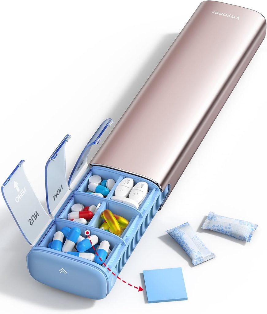 Vaideer 7 Day Weekly Pill organizētājs (Atbalsts 2 reizes dienā), Metāla Travel Pill Case, Liela jauda Dienas Cute Pill Box bagātinātājiem, Tabletes, Vitamīni un zāles (Rose Gold), 8.3*2.1*1.2 Inch