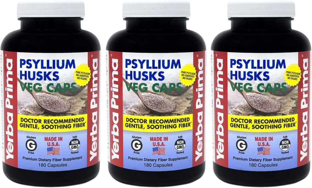 Yerba Prima Psyllium Husks Veg Caps - 180 grāfs (3. iepakojums) - Vegan, Non-GMO, bez lipekļa, Colon Cleanser, Daily Fiber papildinājums Gut veselībai un regularitātei