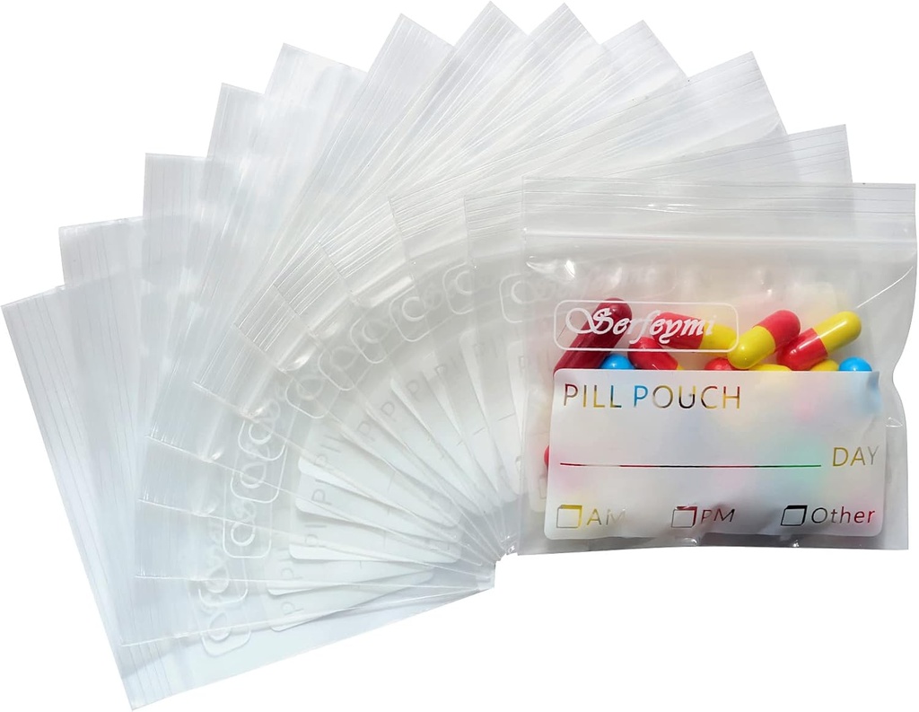 Serfeymi Pill somas Travel Pill Pouch Organizators Pack of 240 BPA Bezmaksas 3 x 2.75 inch Atkārtoti lietojams Pill maisi medicīnas ar Write uz etiķetes & Ciper Seal Ūdensnecaurlaidīgs AM PM Pill Baggies par papildinājumiem