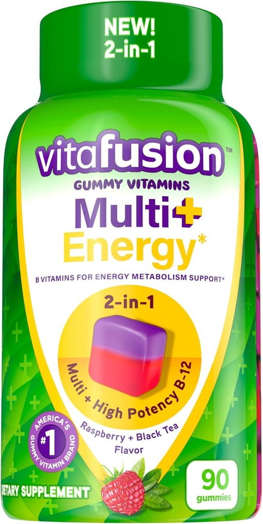 Vitafusion Multi + Energy * Gummy Vitamīni, Satur B vitamīnus, lai nodrošinātu enerģijas vielmaiņas atbalstu*, 90 Skaits