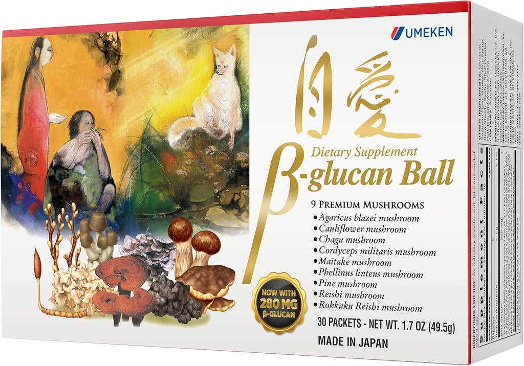 Umeken Beta Glucan, Immuno Boost, sēņu ekstrakts, uztura bagātinātājs, 9 Premium sēņu ekstrakta packets, viegli lietot Beta Glucan piedevas, 1 mēnesis Supply, 30 Count Box, Pack of 1