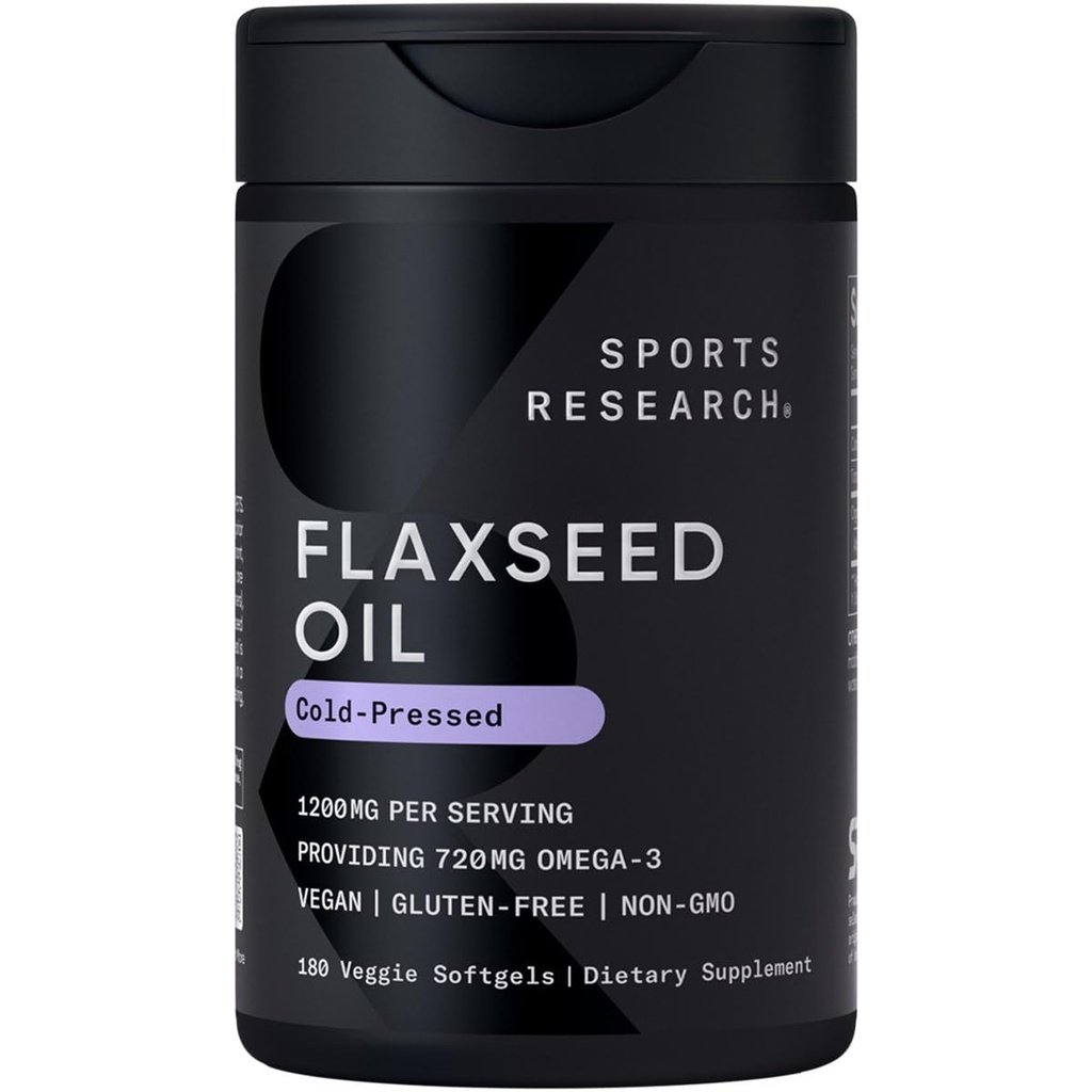 Sporta pētījumi Vegan Flaxeed Oil (1200mg) Augu Papildinājums ar augu bāzes ALA Omega 3 - Vegan Certified & Non-GMO Verified - Gluten, Soy & Carrageenan Free (180 Veggie Softgels)